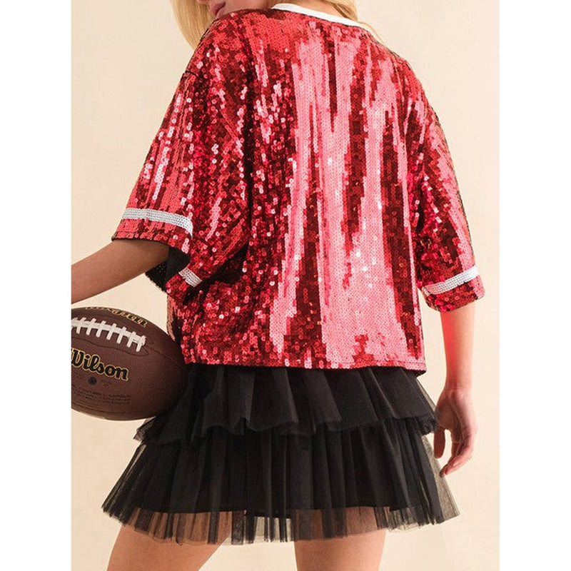 Sequin Football Round Neck Half Sleeve Top - Spicie's Boutique