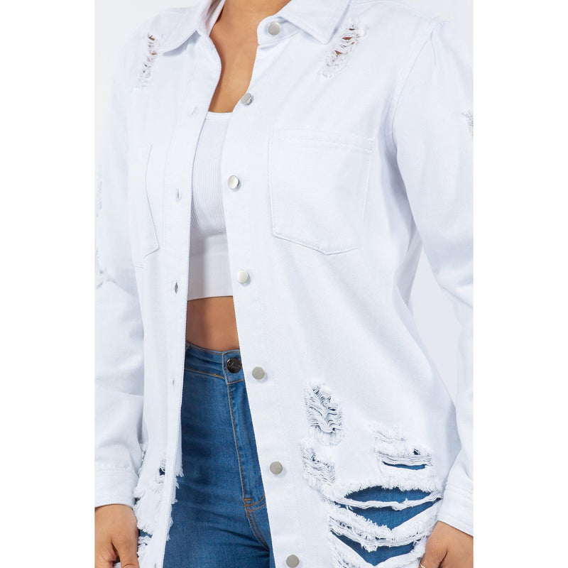 American Bazi Distressed Button Up Long Sleeve Denim Jacket- White