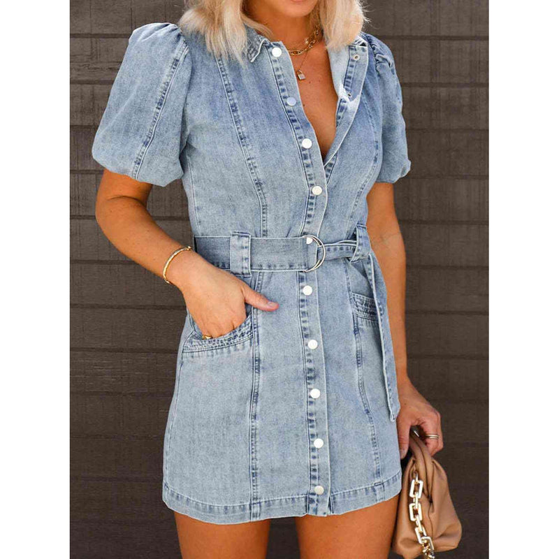 Puff Sleeve Button Up Mini Denim Dress - Spicie's Boutique