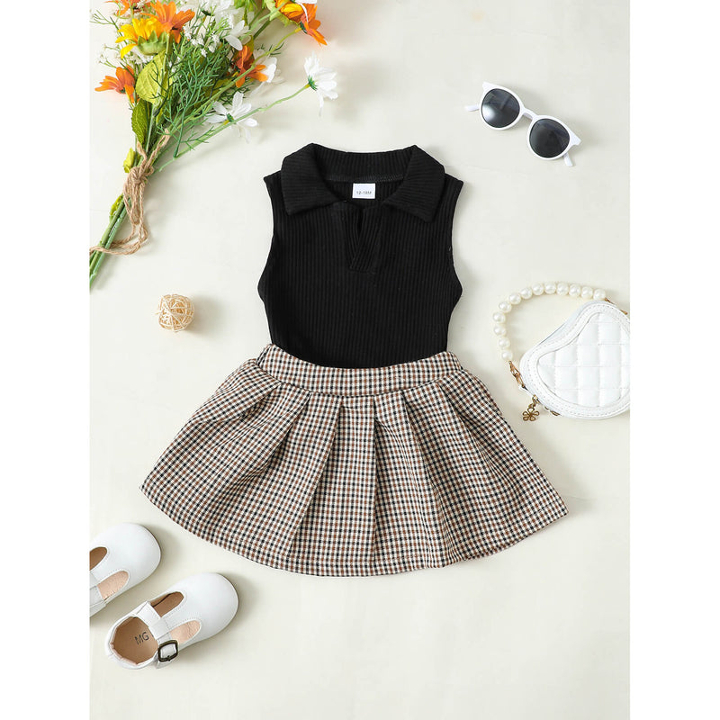Girls Ribbed Sleeveless Top and Plaid Skirt Set - Spicie's Boutique