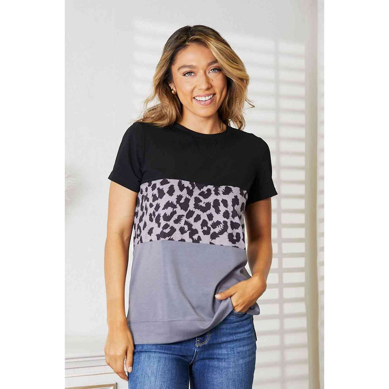 Double Take Leopard Print Color Block Short Sleeve T-Shirt - Spicie's Boutique