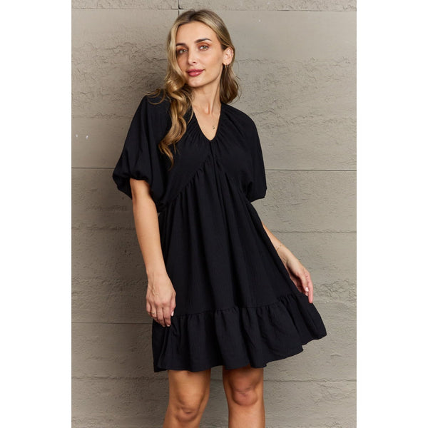 Comfort Cutie Double V-Neck Puff Sleeve Mini Dress - Spicie's Boutique