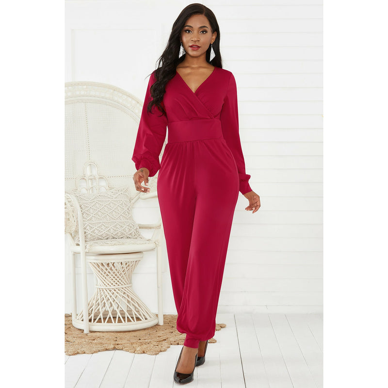 Gathered Detail Surplice Lantern Sleeve Jumpsuit - Spicie's Boutique