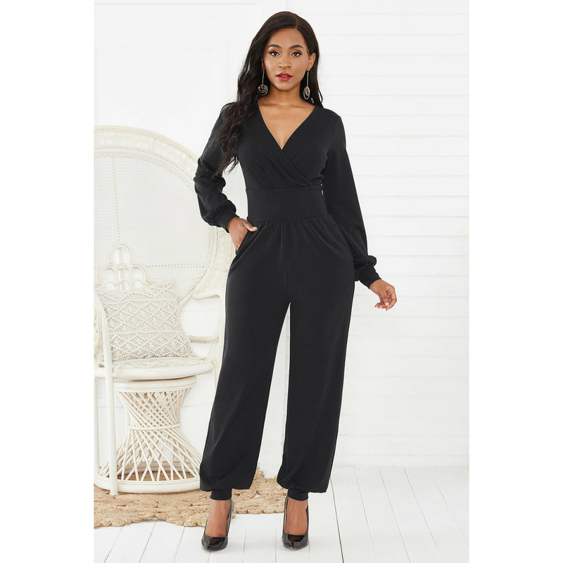 Gathered Detail Surplice Lantern Sleeve Jumpsuit - Spicie's Boutique