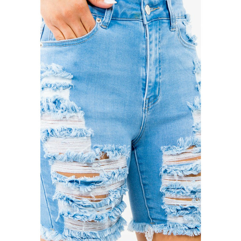 PLUS HIGH WAIST DISTRESSED THIGHS DENIM SHORTS - Spicie's Boutique