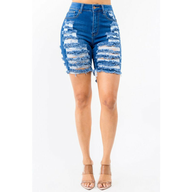 HIGH WAIST DISTRESSED THIGHS DENIM SHORTS - Spicie's Boutique