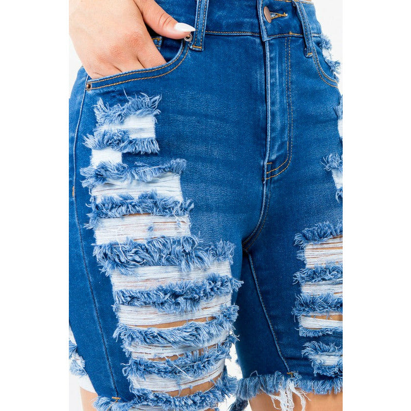 HIGH WAIST DISTRESSED THIGHS DENIM SHORTS - Spicie's Boutique