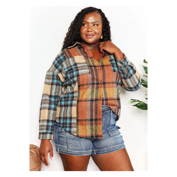 Double Take Plaid Curved Hem Shirt Jacket w/Breast Pockets - Spicie's Boutique