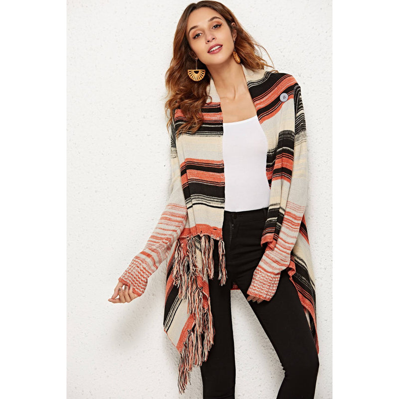 Striped Tassel Detail One-Button Cardigan
