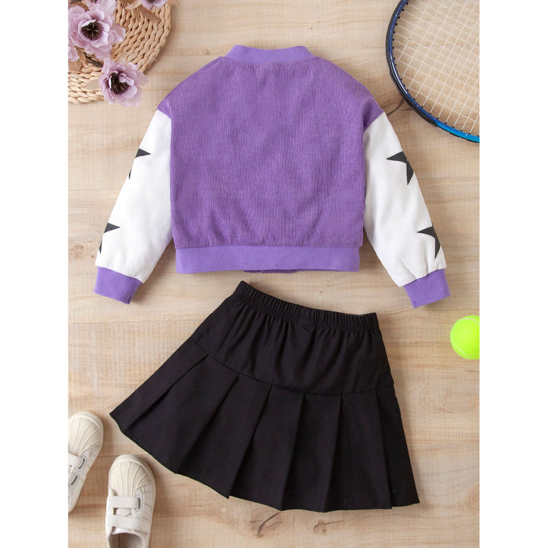 Girls Contrast Bomber Jacket, Tank, and Pleated Skirt Set