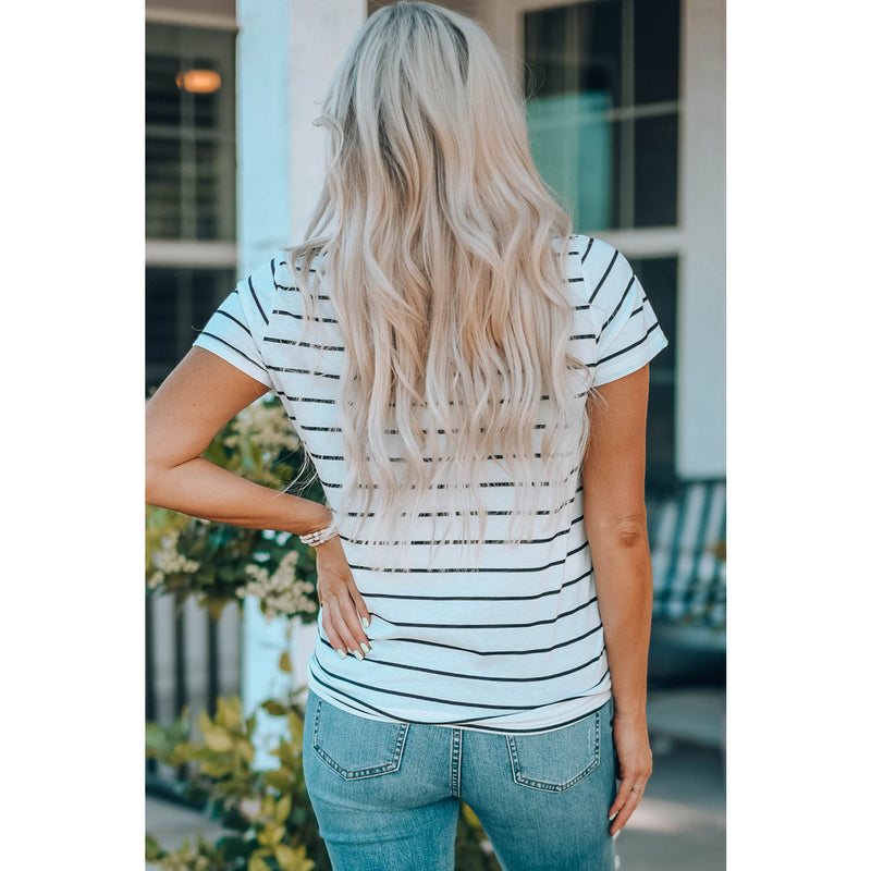 Striped Notched Neck T-Shirt - Spicie's Boutique