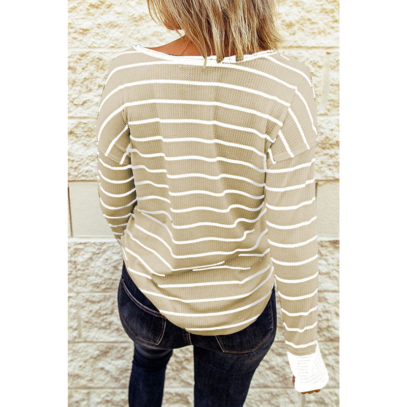 Striped Waffle Knit Henley Long Sleeve Top - Spicie's Boutique