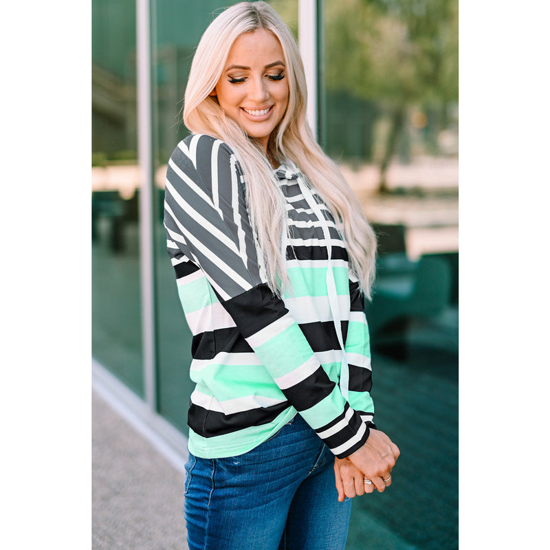 Striped Drawstring Detail Long Sleeve Hoodie