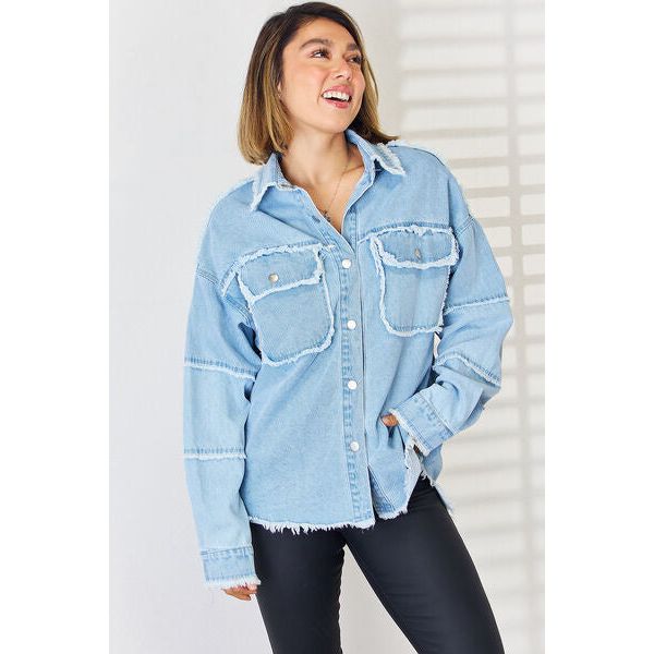PEACE Raw Hem Dropped Shoulder Denim Top - Spicie's Boutique