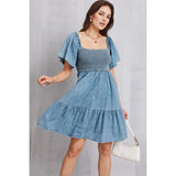 Smocked Square Neck Mini Denim Dress - Spicie's Boutique