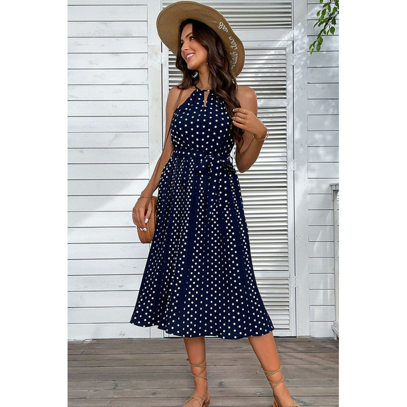 Polka Dot Tie-Waist Sleeveless Midi Dress - Spicie's Boutique