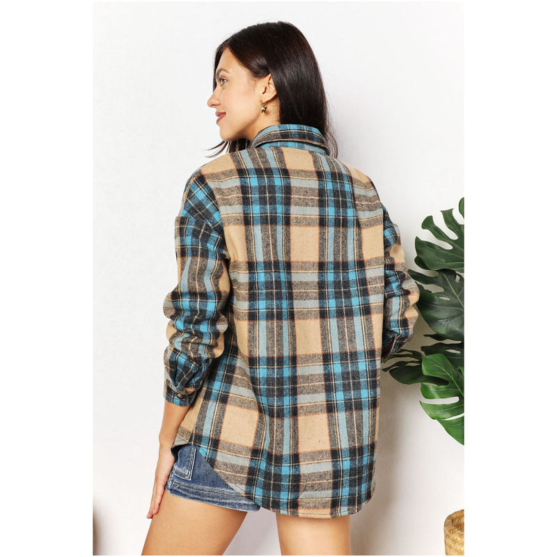 Double Take Plaid Curved Hem Shirt Jacket w/Breast Pockets - Spicie's Boutique