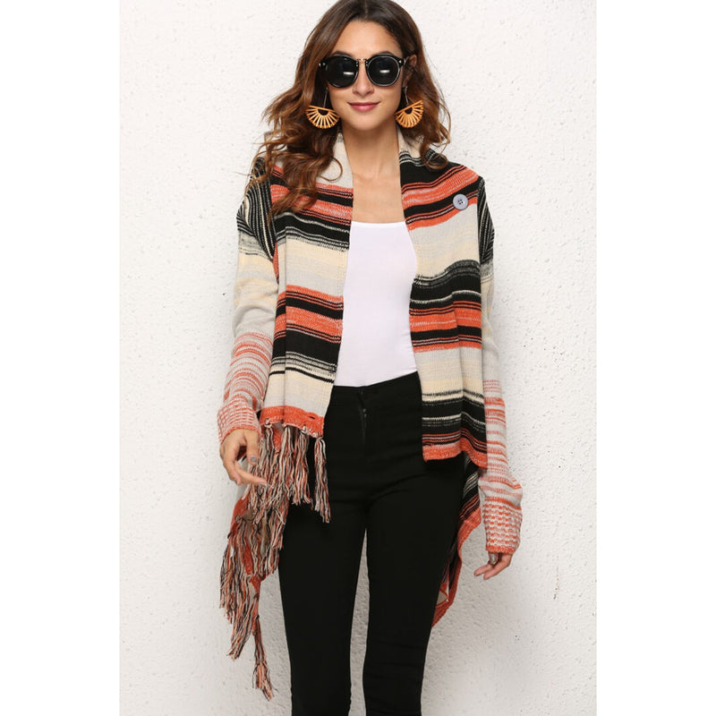 Striped Tassel Detail One-Button Cardigan