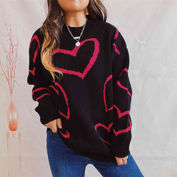 Heart Pattern Long Sleeve Sweater - Spicie's Boutique