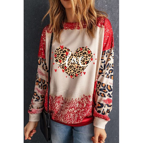 LOVE Heart Leopard Round Neck Sweatshirt - Spicie's Boutique