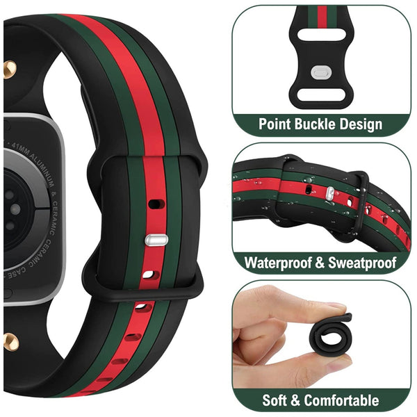 Silicone Watch Band- Black w/green/red stripe - Spicie's Boutique