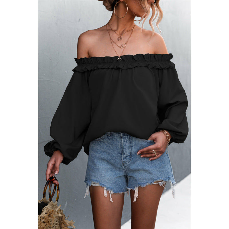 Frill Trim Off-Shoulder Balloon Sleeve Top - Spicie's Boutique