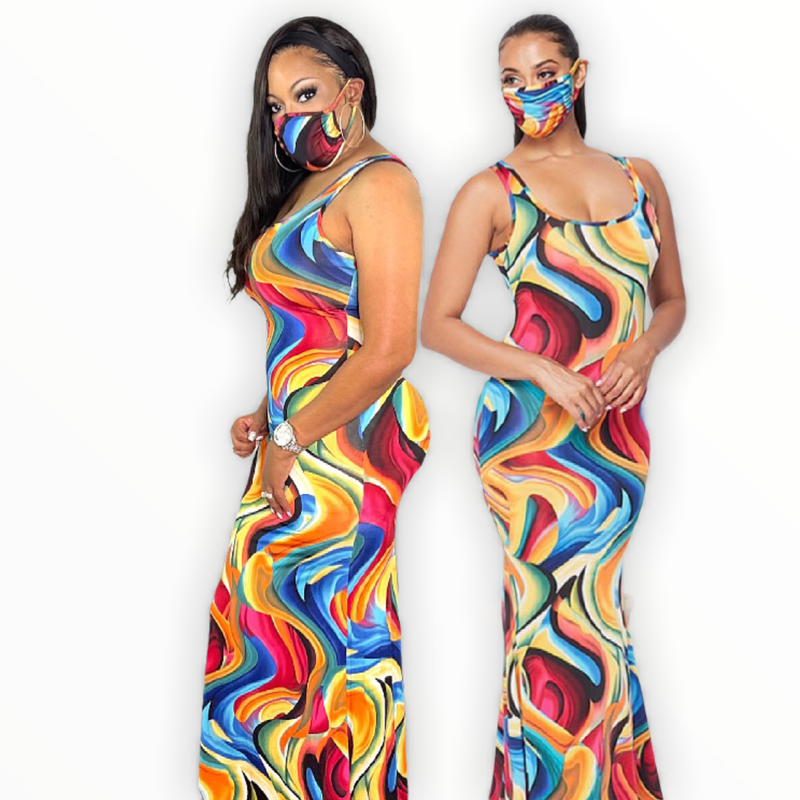 Colorful  Maxi Dress w/Mask - Spicie's Boutique