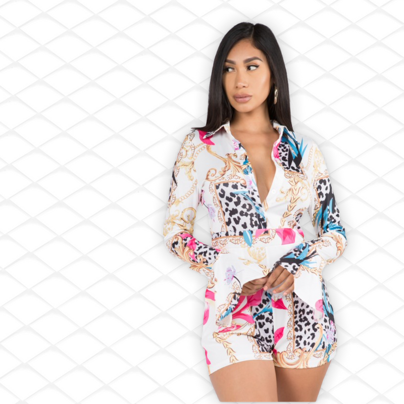Lux Print w/Ruffle Sleeve Romper - Spicie's Boutique