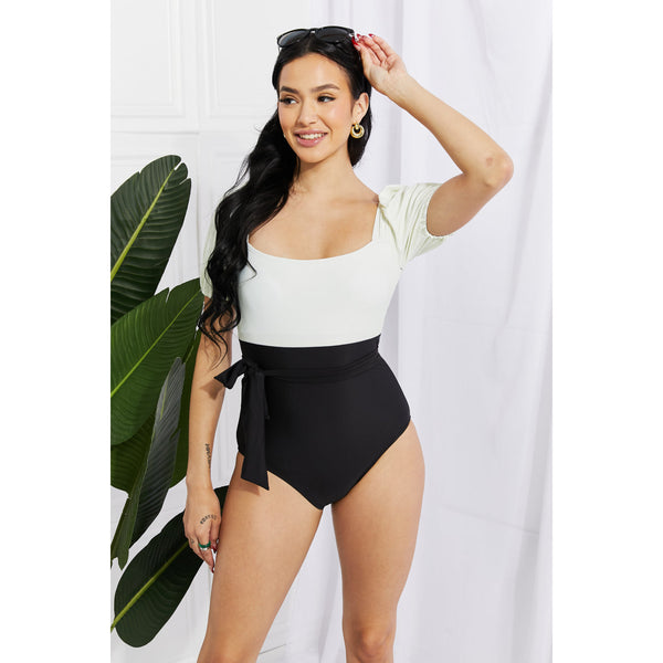 Marina West Swim Salty Air Puff Sleeve One-Piece in Cream/Black - Spicie's Boutique