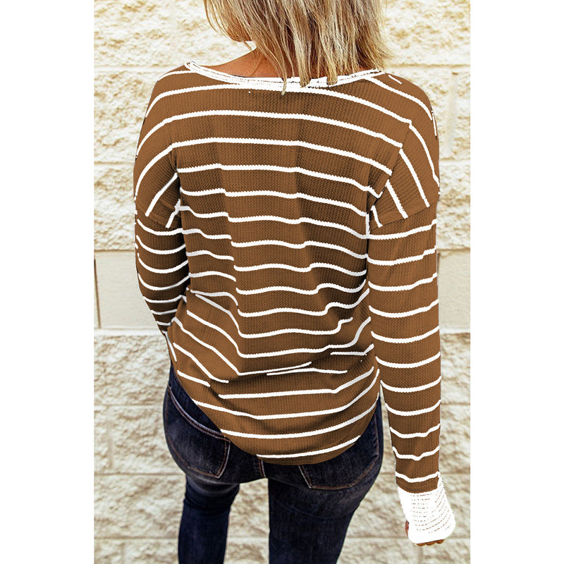 Striped Waffle Knit Henley Long Sleeve Top - Spicie's Boutique