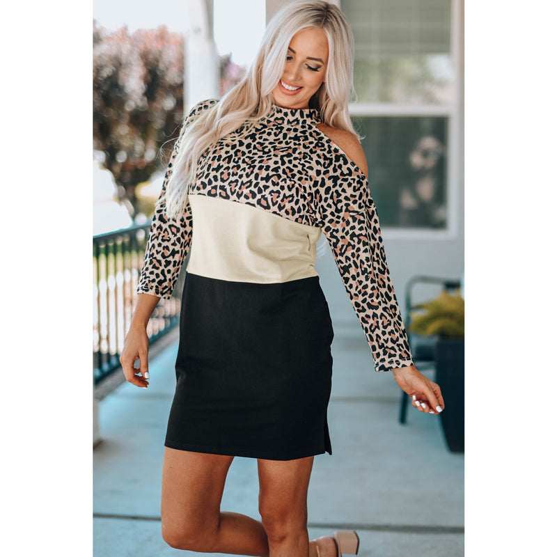 Leopard Color Block Cold-Shoulder Side Slit Dress - Spicie's Boutique