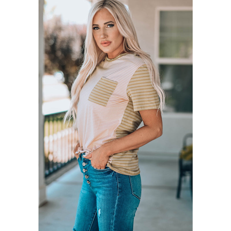 Striped Contrast T-Shirt with Breast Pocket - Spicie's Boutique
