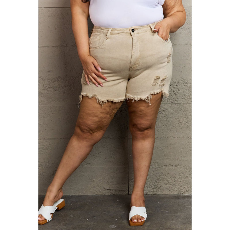 Katie High Waisted Distressed Shorts- Sand - Spicie's Boutique