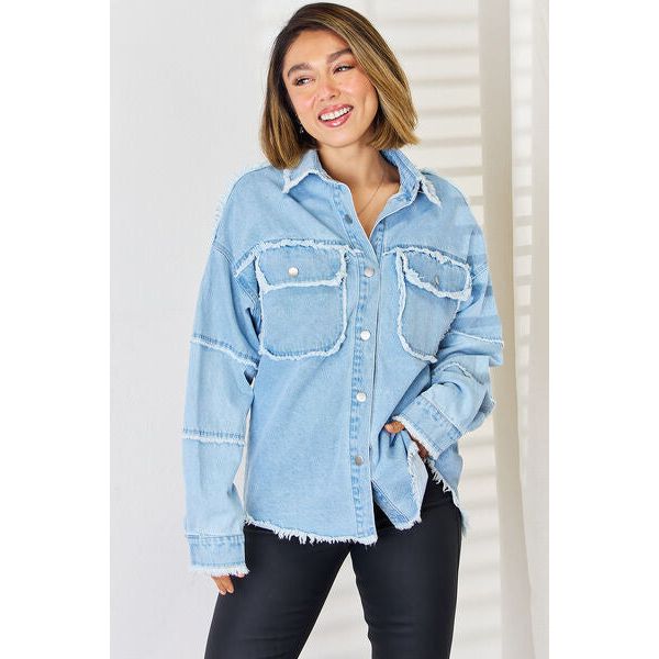 PEACE Raw Hem Dropped Shoulder Denim Top - Spicie's Boutique