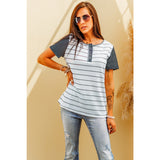 Striped Short Sleeve Henley T-Shirt - Spicie's Boutique