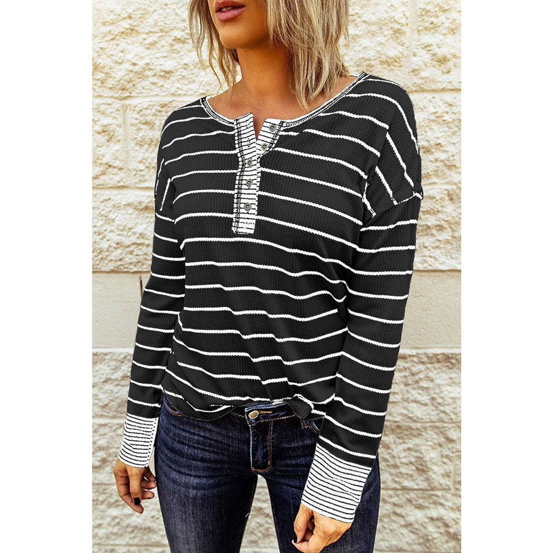 Striped Waffle Knit Henley Long Sleeve Top - Spicie's Boutique