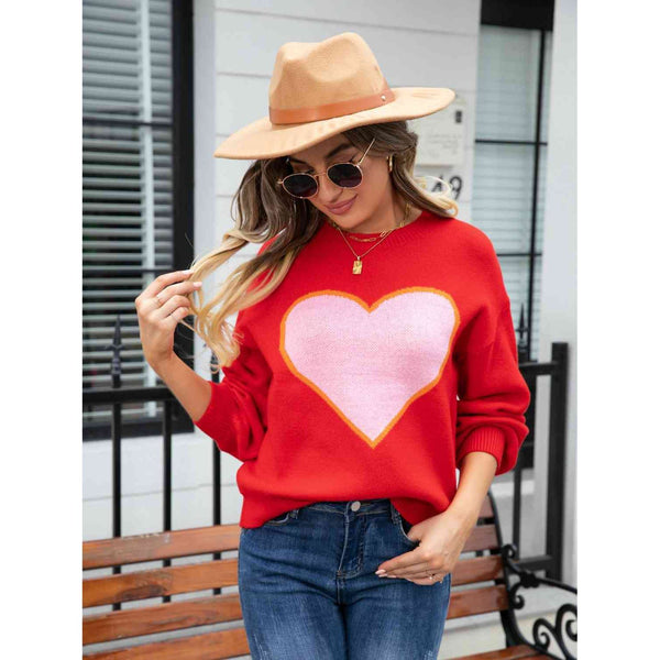 Heart Graphic Round Neck Sweater - Spicie's Boutique