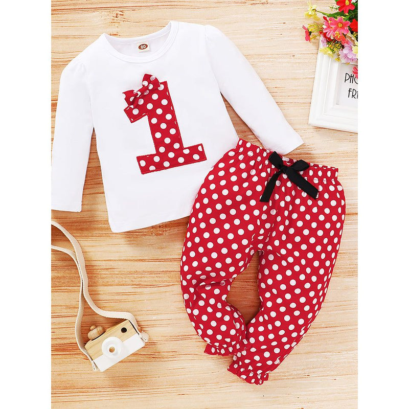 Round Neck Number One Graphic T-shirt and Polka Dot Pants Set - Spicie's Boutique