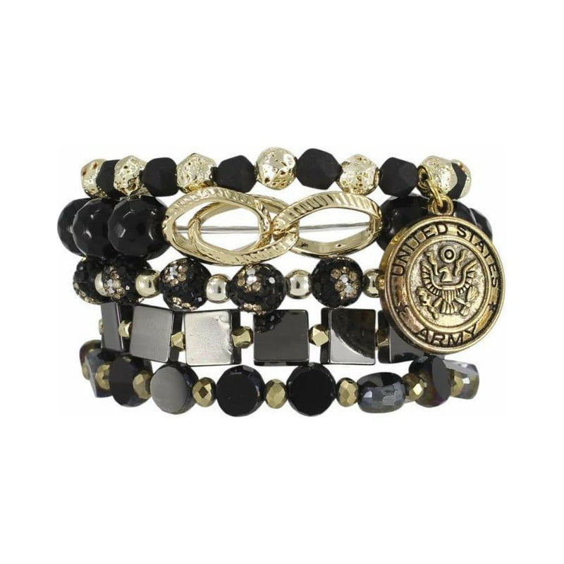 This stack was designed in honor of all of our Local Heroes!  This Army Stack displays a variety of black and gold beads and is highlighted with a golden Army charm.