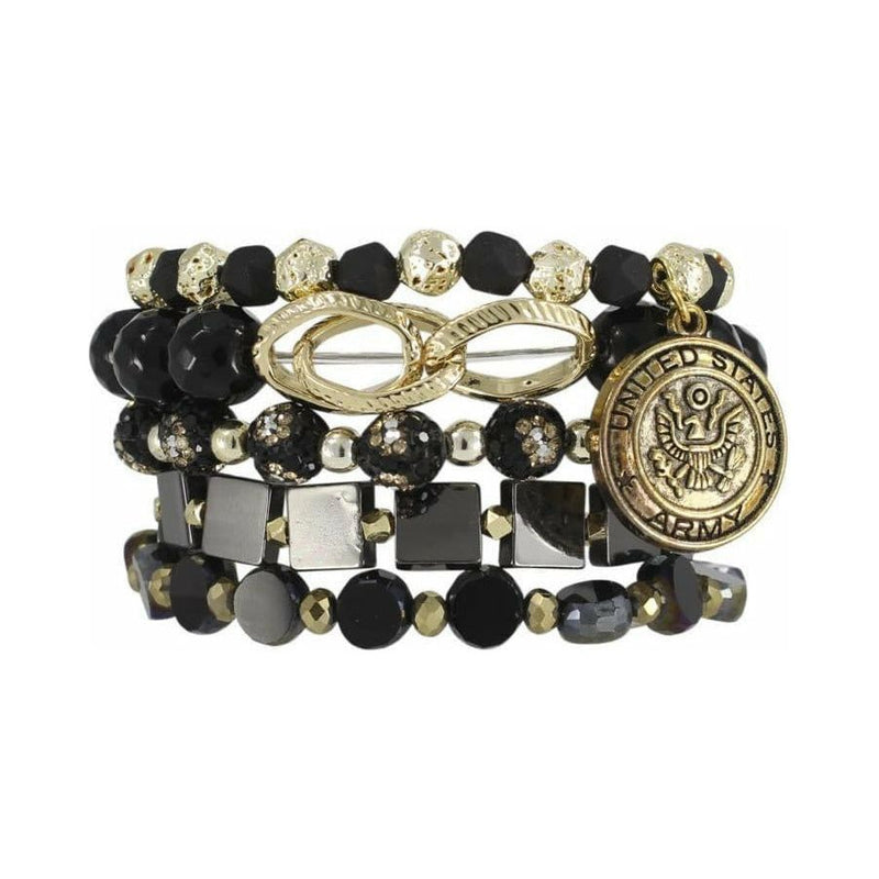 This stack was designed in honor of all of our Local Heroes!  This Army Stack displays a variety of black and gold beads and is highlighted with a golden Army charm.