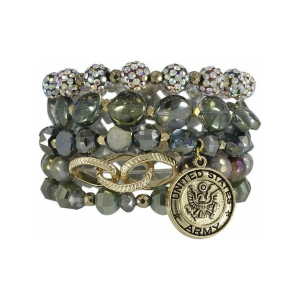  This stack was designed in honor of all of our Local Heroes!  This Army Stack displays a variety of green, taupe, and gold colored beads and is highlighted with a golden Army charm.