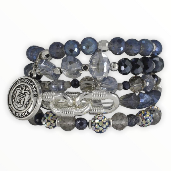 This stack was designed in honor of all of our Air Force Heroes!  This Air Force Stack displays a variety blue and gold colored beads and is highlighted with an Air Force charm.