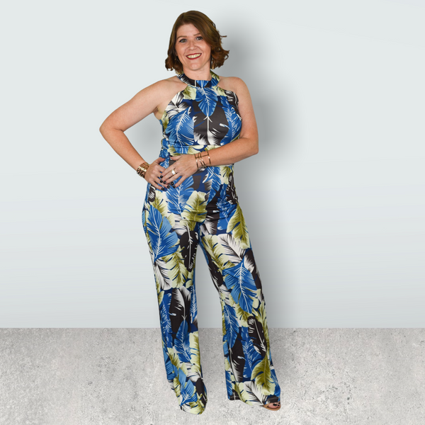 sexy sleeveless jumpsuit with flowers. Vwry vibrant colors.